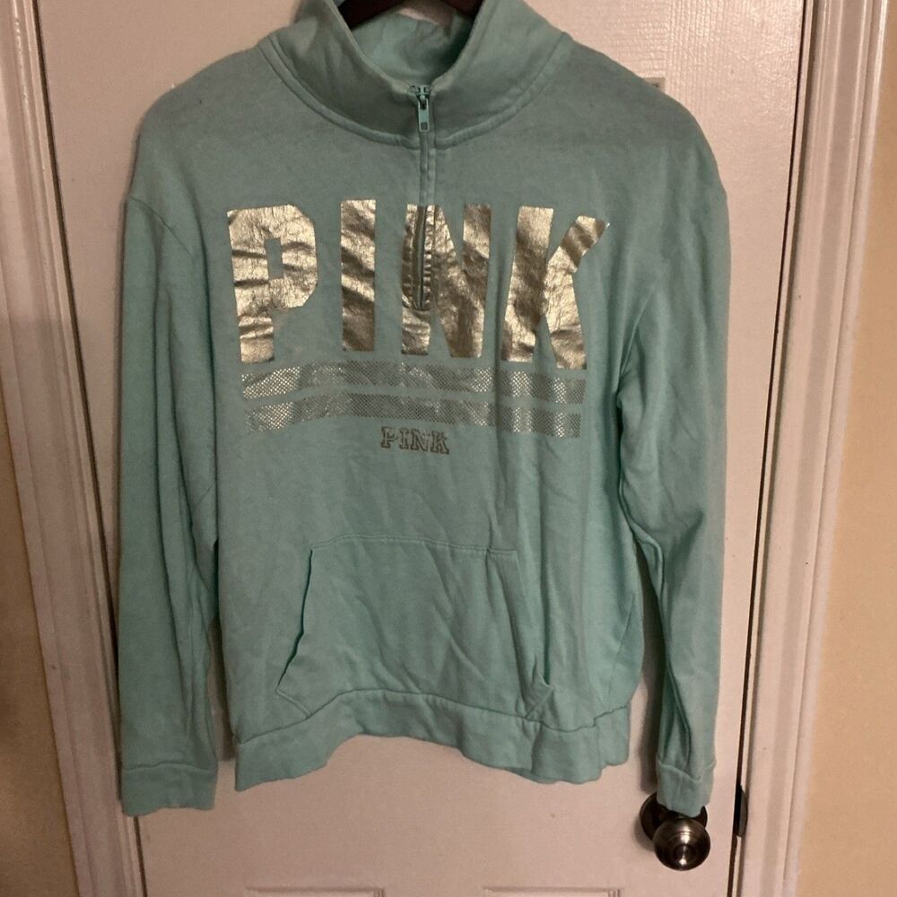 PINK Victoria's Secret Women's Light Blue 1/4 Zip Sweatshirt S Pockets Logo